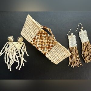 Cream, gold earrings and bracelet